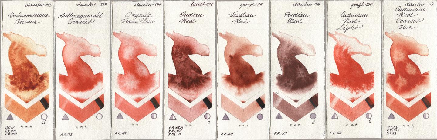 Daniel Smith 093 Quinacridone Sienna, 224 Anthraquinoid Scarlet, 064 Organic Vermilion, Kuretake Gansai Tambi 071 Indian Red, Golden QOR 465 Venetian Red, 044 Indian Red, 195 Cadmium Red Light, 219 Cadmium Red Scarlet H watercolor swatch