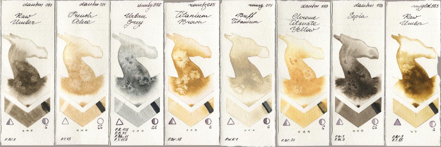 Daniel Smith 097 Raw Umber, 134 French Ochre, Shminke Horadam Aquarell 956 Urban Grey, Roman Szmal Aquarius 265 Titanium Brown, 201 Buff Titanium, 253 Chrome Titanate Yellow, 103 Sepia, Mijello Mission Gold 563 Raw Umb watercolor swatch