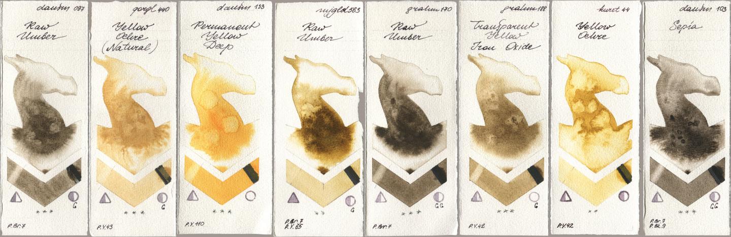 Daniel Smith 097 Raw Umber, Golden QOR 440 Yellow Ochre (Natural), 133 Permanent Yellow Deep, Mijello Mission Gold 563 Raw Umber, M. Graham & Co. Artists 170 Raw Umber, 188 Transparent Yellow Iron Oxide, Kuretake Gansai Tambi 044 Yellow Ochre, 103 Sep watercolor swatch