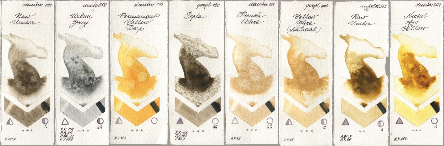 Daniel Smith 097 Raw Umber, Shminke Horadam Aquarell 956 Urban Grey, 133 Permanent Yellow Deep, Golden QOR 490 Sepia, 134 French Ochre, 440 Yellow Ochre (Natural), Mijello Mission Gold 563 Raw Umber, 061 Nickel Azo Yell watercolor swatch