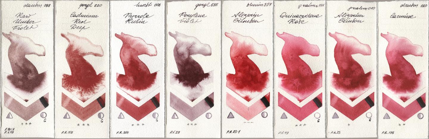 Daniel Smith 098 Raw Umber Violet, Golden QOR 220 Cadmium Red Deep, Holbein Artists Watercolor 006 Pyrrole Rubin, 635 Perylene Violet, Shminke Horadam Aquarell 357 Alizarin Crimson, M. Graham & Co. Artists 156 Quinacridone Rose, 010 Alizarin Crimson, 020 Carmi watercolor swatch