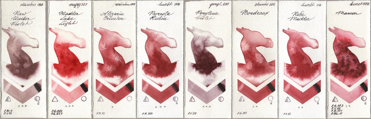 Daniel Smith 098 Raw Umber Violet, Royal Talens Van Gogh Watercolour 327 Madder Lake Light, Winsor & Newton Professional 004 Alizarin Crimson, Holbein Artists Watercolor 006 Pyrrole Rubin, Golden QOR 635 Perylene Violet, Shminke Horadam Aquarell 362 Bordeaux, 012 Rose Madder, Kuretake Gansai Tambi 072 Maro watercolor swatch