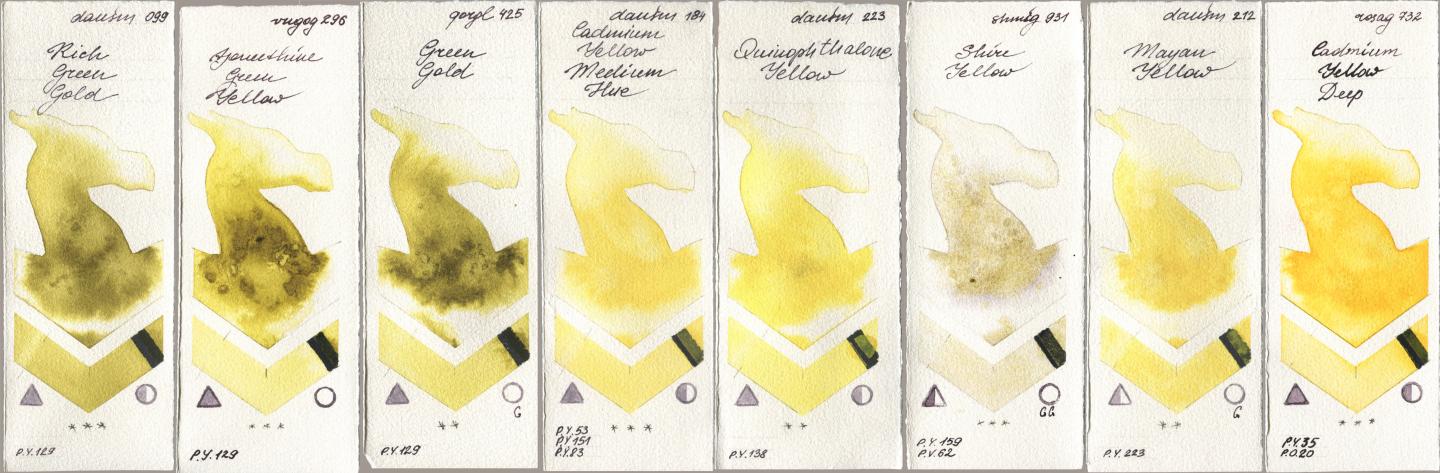 Daniel Smith 099 Rich Green Gold, Royal Talens Van Gogh Watercolour 296 Azomethine Green Yellow, Golden QOR 425 Green Gold, 184 Cadmium Yellow Medium Hue, 223 Quinophthalone Yellow, Shminke Horadam Aquarell 931 Shire Yellow, 212 Mayan Yellow, Rosa Gallery 732 Cadmium Yellow De watercolor swatch