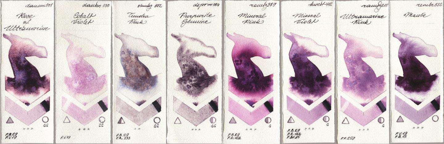 Daniel Smith 101 Rose of Ultramarine, 030 Cobalt Violet, Shminke Horadam Aquarell 982 Tundra Pink, 164 Purpurite Genuine, Roman Szmal Aquarius 379 Mineral Pink, Holbein Artists Watercolor 112 Mineral Violet, 215 Ultramarine Pink, Royal Talens Rembrandt Watercolour 532 Mau watercolor swatch