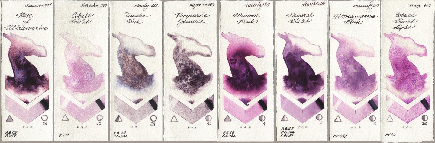 Daniel Smith 101 Rose of Ultramarine, 030 Cobalt Violet, Shminke Horadam Aquarell 982 Tundra Pink, 164 Purpurite Genuine, Roman Szmal Aquarius 379 Mineral Pink, Holbein Artists Watercolor 112 Mineral Violet, 215 Ultramarine Pink, 403 Cobalt Violet Lig watercolor swatch