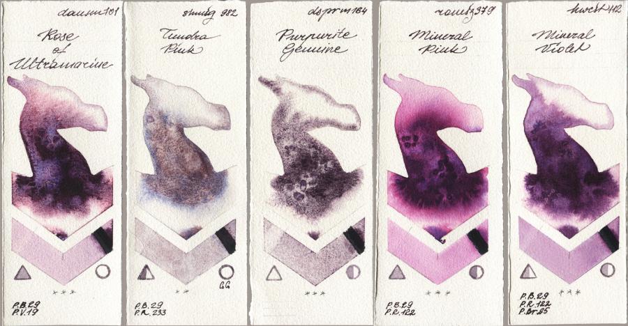 Daniel Smith 101 Rose of Ultramarine vs Shminke Horadam Aquarell 982 Tundra Pink vs 164 Purpurite Genuine vs Roman Szmal Aquarius 379 Mineral Pink vs Holbein Artists Watercolor 112 Mineral Violet watercolor swatch