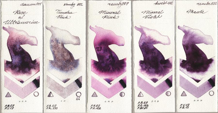 Daniel Smith 101 Rose of Ultramarine vs Shminke Horadam Aquarell 982 Tundra Pink vs Roman Szmal Aquarius 379 Mineral Pink vs Holbein Artists Watercolor 112 Mineral Violet vs Royal Talens Rembrandt Watercolour 532 Mauve watercolor swatch