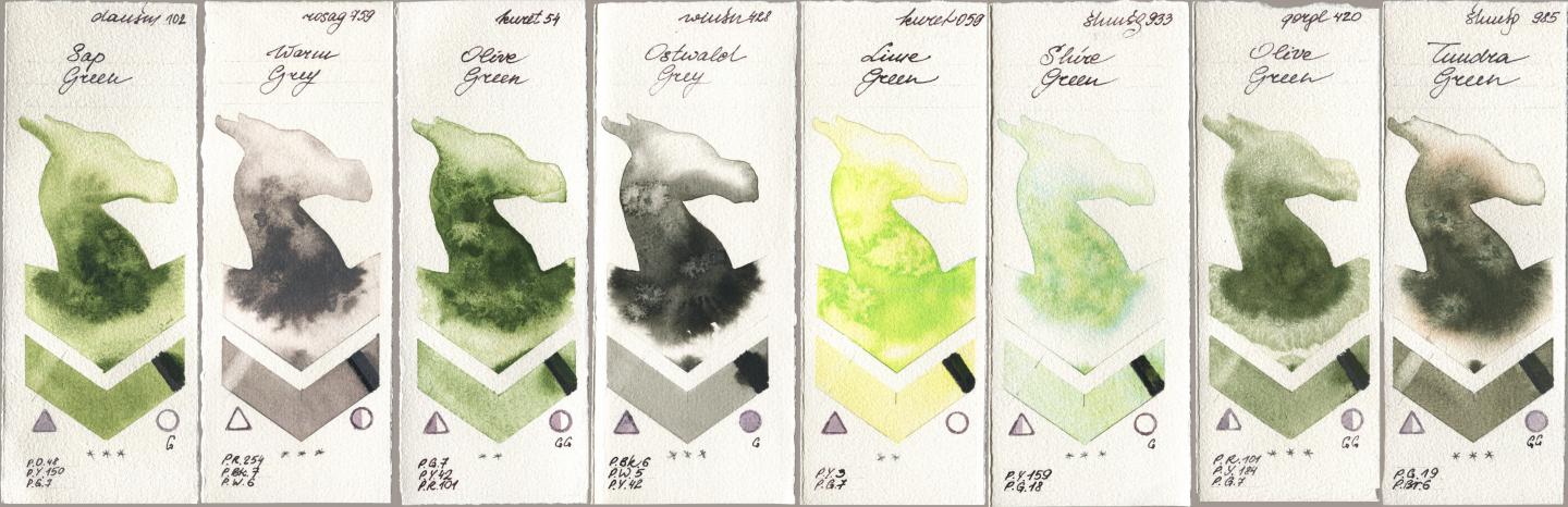 Daniel Smith 102 Sap Green, Rosa Gallery 759 Warm Grey, Kuretake Gansai Tambi 054 Olive Green, Winsor & Newton Professional 428 Ostwald Grey, 059 Lime Green, Shminke Horadam Aquarell 933 Shire Green, Golden QOR 420 Olive Green, 985 Tundra Gre watercolor swatch