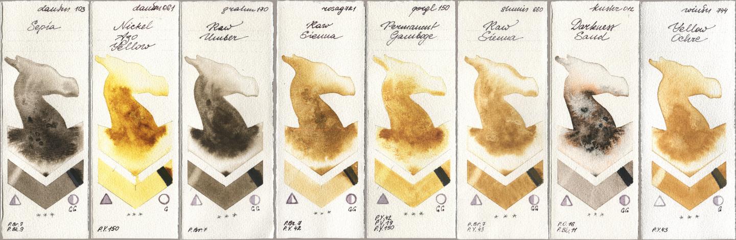 Daniel Smith 103 Sepia, 061 Nickel Azo Yellow, M. Graham & Co. Artists 170 Raw Umber, Rosa Gallery 721 Raw Sienna, Golden QOR 150 Permanent Gamboge, Shminke Horadam Aquarell 660 Raw Sienna, Kusakabe 012 Darkness Sand, Winsor & Newton Professional 744 Yellow Och watercolor swatch