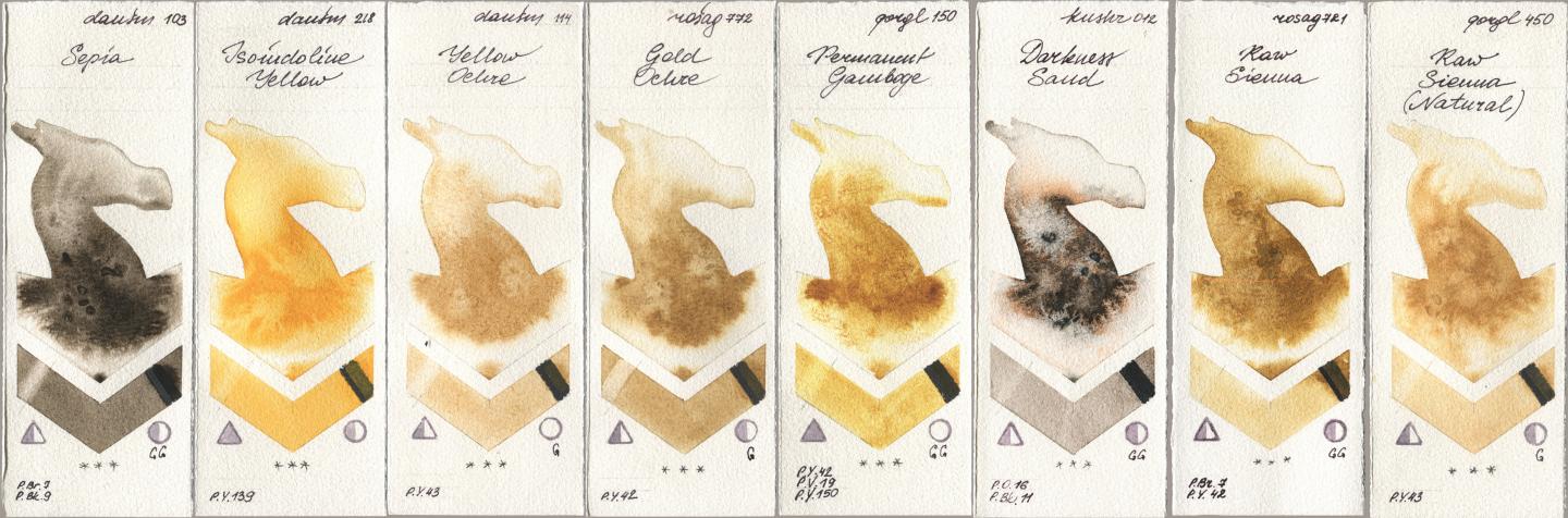 Daniel Smith 103 Sepia, 218 Isoindoline Yellow, 114 Yellow Ochre, Rosa Gallery 772 Gold Ochre, Golden QOR 150 Permanent Gamboge, Kusakabe 012 Darkness Sand, 721 Raw Sienna, 450 Raw Sienna (Natura watercolor swatch
