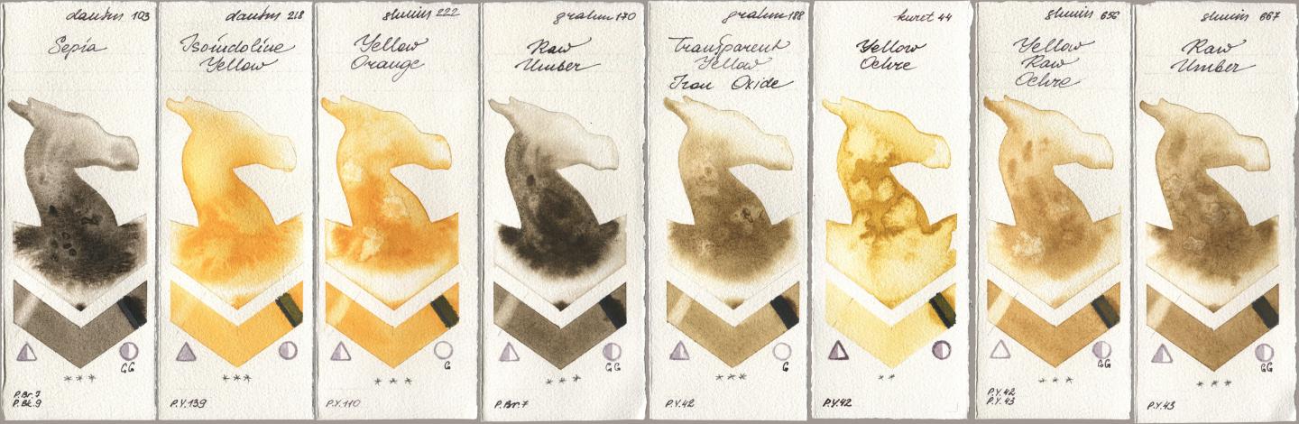 Daniel Smith 103 Sepia, 218 Isoindoline Yellow, Shminke Horadam Aquarell 222 Yellow Orange, M. Graham & Co. Artists 170 Raw Umber, 188 Transparent Yellow Iron Oxide, Kuretake Gansai Tambi 044 Yellow Ochre, 656 Yellow Raw Ochre, 667 Raw Umb watercolor swatch