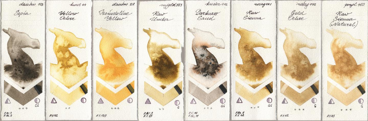 Daniel Smith 103 Sepia, Kuretake Gansai Tambi 044 Yellow Ochre, 218 Isoindoline Yellow, Mijello Mission Gold 563 Raw Umber, Kusakabe 012 Darkness Sand, Rosa Gallery 721 Raw Sienna, 772 Gold Ochre, Golden QOR 450 Raw Sienna (Natura watercolor swatch