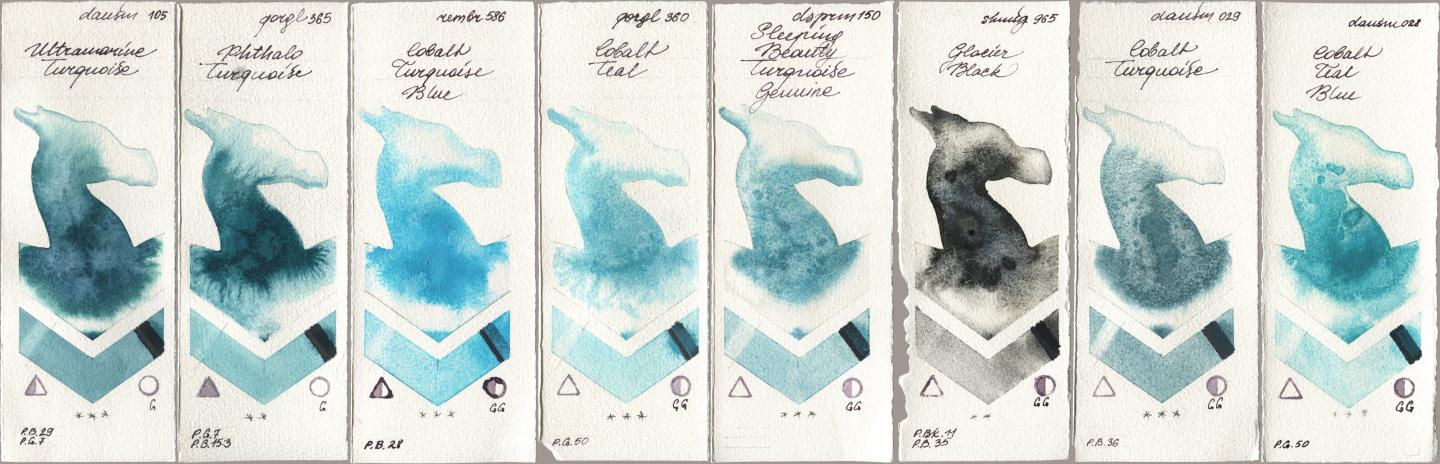 Daniel Smith 105 Ultramarine Turquoise, Golden QOR 365 Phthalo Turquoise, Royal Talens Rembrandt Watercolour 586 Cobalt Turquoise Blue, 360 Cobalt Teal, 150 Sleeping Beauty Turquoise Genuine, Shminke Horadam Aquarell 965 Glacier Black, 029 Cobalt Turquoise, 028 Cobalt Teal Bl watercolor swatch