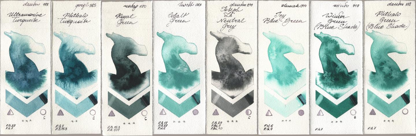 Daniel Smith 105 Ultramarine Turquoise, Golden QOR 365 Phthalo Turquoise, Rosa Gallery 780 Royal Green, Holbein Artists Watercolor 063 Cobalt Green, 244 Joseph Zs Neutral Grey, Shminke Akademie Aquarell 914 Icy Blue-Green, Winsor & Newton Professional 719 Winsor Green (Blue Shade), 078 Phthalo Green (Blue Shad watercolor swatch