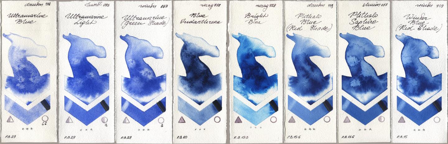 Daniel Smith 106 Ultramarine Blue, Holbein Artists Watercolor 093 Ultramarine Light, Winsor & Newton Professional 667 Ultramarine (Green Shade), Rosa Gallery 738 Blue Indanthrene, 729 Bright Blue, 119 Phthalo Blue (Red Shade), Shminke Horadam Aquarell 477 Phthalo Saphire Blue, 709 Winsor Blue (Red Shad watercolor swatch