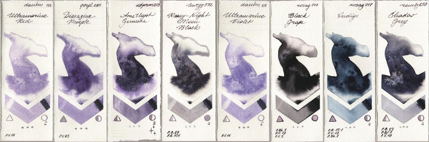 Daniel Smith 107 Ultramarine Red, Golden QOR 295 Dioxazine Purple, 203 Amethyst Genuine, Holbein Artists Watercolor 572 Rainy-Night Moon Back, 108 Ultramarine Violet, Rosa Gallery 747 Black Grape, 717 Indigo, Roman Szmal Aquarius 259 Shadow Gr watercolor swatch