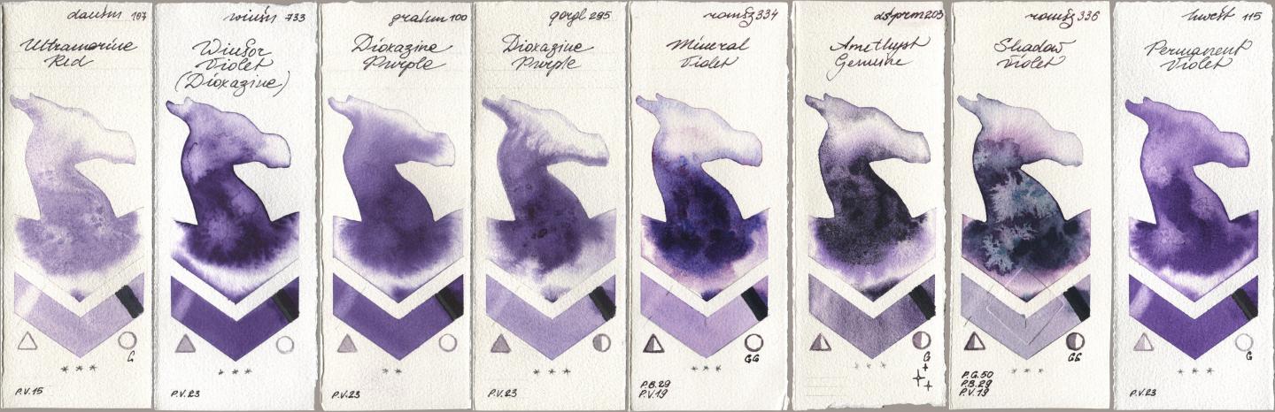 Daniel Smith 107 Ultramarine Red, Winsor & Newton Professional 733 Winsor Violet (Dioxazine), M. Graham & Co. Artists 100 Dioxazine Purple, Golden QOR 295 Dioxazine Purple, Roman Szmal Aquarius 334 Mineral Violet, 203 Amethyst Genuine, 336 Shadow Violet, Holbein Artists Watercolor 115 Permanent Viol watercolor swatch