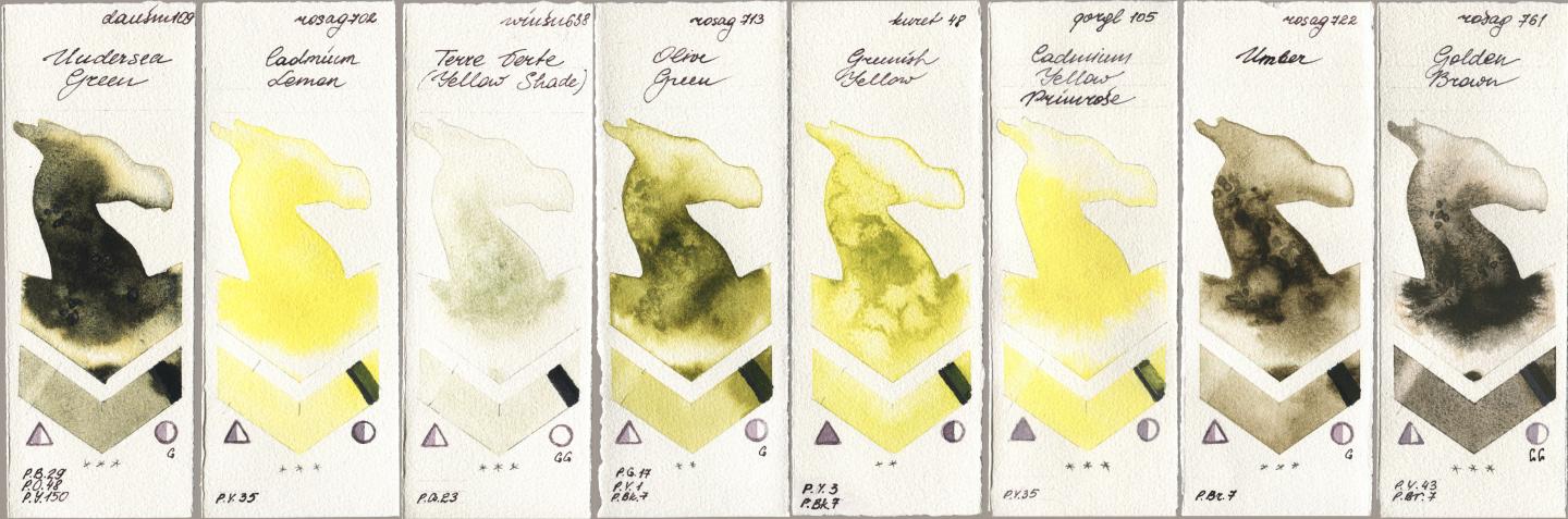 Daniel Smith 109 Undersea Green, Rosa Gallery 702 Cadmium Lemon, Winsor & Newton Professional 638 Terre Verte (Yellow Shade), 713 Olive Green, Kuretake Gansai Tambi 048 Greenish Yellow, Golden QOR 105 Cadmium Yellow Primrose, 722 Umber, 761 Golden Bro watercolor swatch