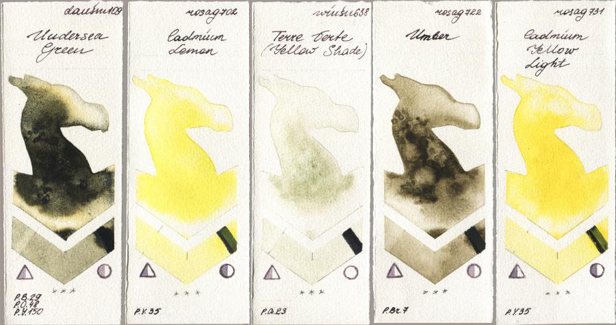 Daniel Smith 109 Undersea Green vs Rosa Gallery 702 Cadmium Lemon vs Winsor & Newton Professional 638 Terre Verte (Yellow Shade) vs 722 Umber vs 731 Cadmium Yellow Light watercolor swatch