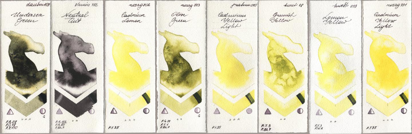 Daniel Smith 109 Undersea Green, Shminke Horadam Aquarell 782 Neutral Tint, Rosa Gallery 702 Cadmium Lemon, 713 Olive Green, M. Graham & Co. Artists 070 Cadmium Yellow Light, Kuretake Gansai Tambi 048 Greenish Yellow, Holbein Artists Watercolor 033 Lemon Yellow, 731 Cadmium Yellow Lig watercolor swatch