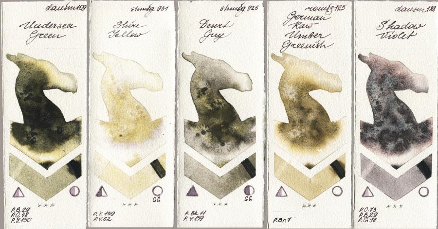 Daniel Smith 109 Undersea Green vs Shminke Horadam Aquarell 931 Shire Yellow vs 925 Desert Grey vs Roman Szmal Aquarius 125 German Raw Umber Greenish vs 188 Shadow Violet watercolor swatch