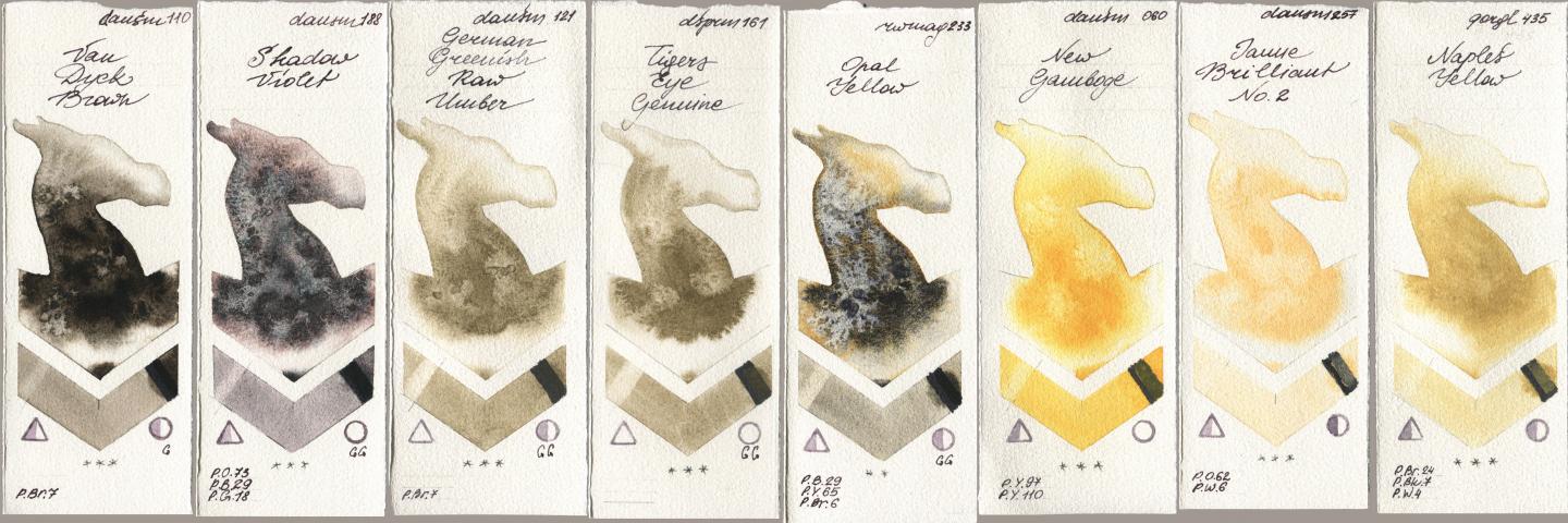 Daniel Smith 110 Van Dyck Brown, 188 Shadow Violet, 121 German Greenish Raw Umber, 161 Tigers Eye Genuine, Rockwell 233 Opal Yellow, 060 New Gamboge, 257 Jaune Brilliant No 2, Golden QOR 435 Naples Yell watercolor swatch