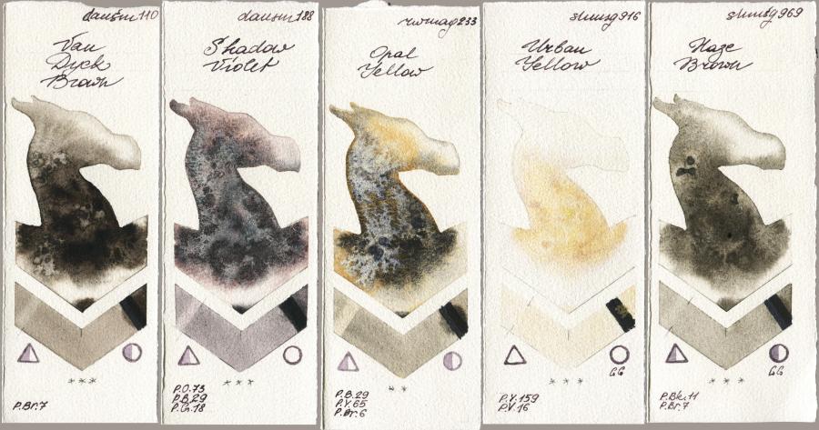 Daniel Smith 110 Van Dyck Brown vs 188 Shadow Violet vs Rockwell 233 Opal Yellow vs Shminke Horadam Aquarell 916 Urban Yellow vs 969 Haze Brown watercolor swatch