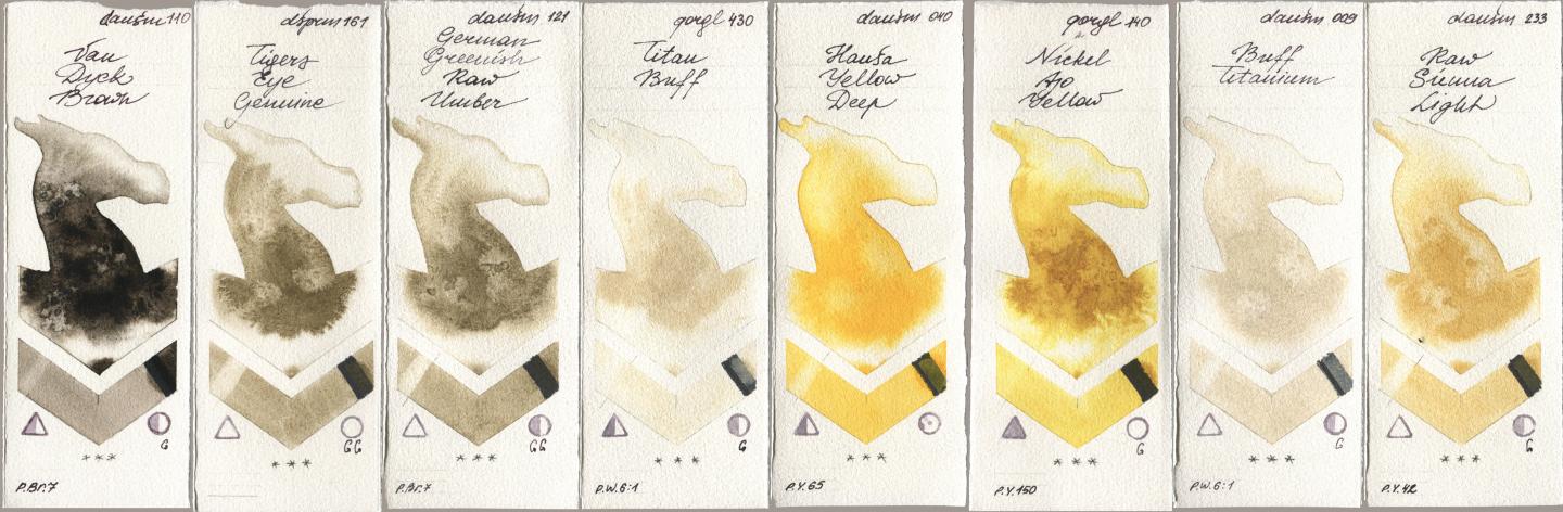 Daniel Smith 110 Van Dyck Brown, 161 Tigers Eye Genuine, 121 German Greenish Raw Umber, Golden QOR 430 Titan Buff, 040 Hansa Yellow Deep, 140 Nickel Azo Yellow, 009 Buff Titanium, 233 Raw Sienna Lig watercolor swatch