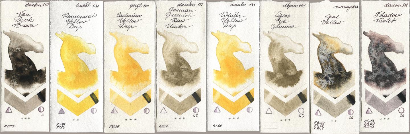 Daniel Smith 110 Van Dyck Brown, Holbein Artists Watercolor 037 Permanent Yellow Deep, Golden QOR 170 Cadmium Yellow Deep, 121 German Greenish Raw Umber, Winsor & Newton Professional 731 Winsor Yellow Deep, 161 Tigers Eye Genuine, Rockwell 233 Opal Yellow, 188 Shadow Viol watercolor swatch