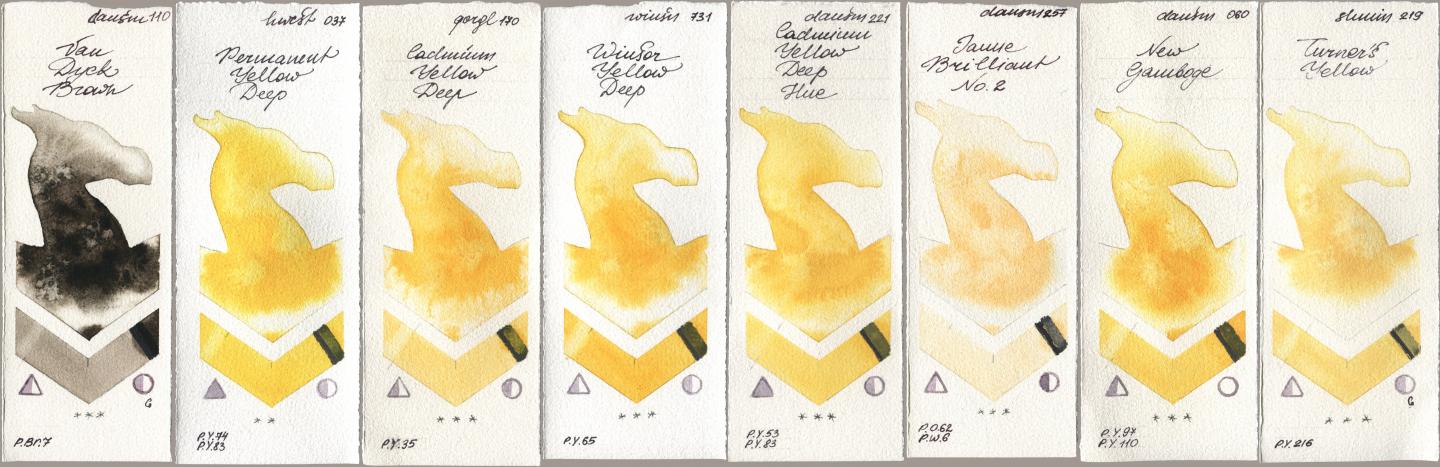 Daniel Smith 110 Van Dyck Brown, Holbein Artists Watercolor 037 Permanent Yellow Deep, Golden QOR 170 Cadmium Yellow Deep, Winsor & Newton Professional 731 Winsor Yellow Deep, 221 Cadmium Yellow Deep Hue, 257 Jaune Brilliant No 2, 060 New Gamboge, Shminke Horadam Aquarell 219 Turner‘s Yell watercolor swatch