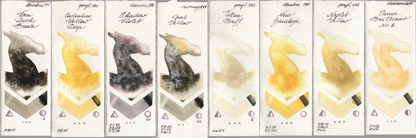 Daniel Smith 110 Van Dyck Brown, Golden QOR 170 Cadmium Yellow Deep, 188 Shadow Violet, Rockwell 233 Opal Yellow, 430 Titan Buff, 060 New Gamboge, 435 Naples Yellow, 257 Jaune Brilliant No watercolor swatch