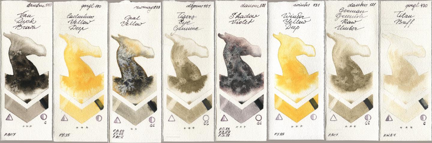 Daniel Smith 110 Van Dyck Brown, Golden QOR 170 Cadmium Yellow Deep, Rockwell 233 Opal Yellow, 161 Tigers Eye Genuine, 188 Shadow Violet, Winsor & Newton Professional 731 Winsor Yellow Deep, 121 German Greenish Raw Umber, 430 Titan Bu watercolor swatch