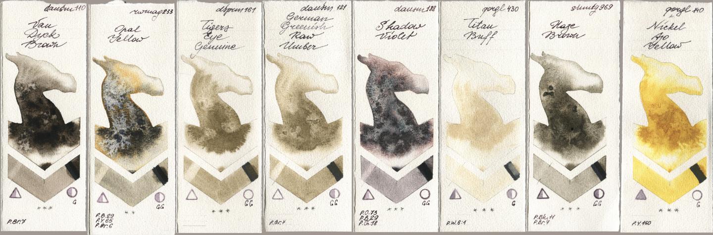 Daniel Smith 110 Van Dyck Brown, Rockwell 233 Opal Yellow, 161 Tigers Eye Genuine, 121 German Greenish Raw Umber, 188 Shadow Violet, Golden QOR 430 Titan Buff, Shminke Horadam Aquarell 969 Haze Brown, 140 Nickel Azo Yell watercolor swatch