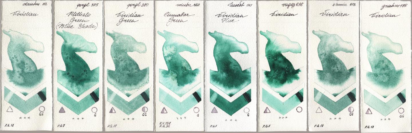 Daniel Smith 112 Viridian, Golden QOR 375 Phthalo Green (Blue Shade), 380 Viridian Green, Winsor & Newton Professional 420 Cinnabar Green, Holbein Artists Watercolor 061 Virdian Hue, Royal Talens Van Gogh Watercolour 616 Viridian, Shminke Horadam Aquarell 513 Viridian, M. Graham & Co. Artists 195 Viridi watercolor swatch