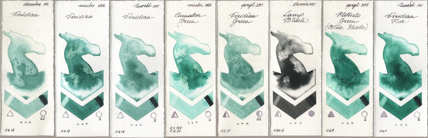 Daniel Smith 112 Viridian, Winsor & Newton Professional 692 Viridian, Holbein Artists Watercolor 060 Viridian, 420 Cinnabar Green, Golden QOR 380 Viridian Green, Shminke Horadam Aquarell 781 Lamp Black, 375 Phthalo Green (Blue Shade), 061 Virdian H watercolor swatch