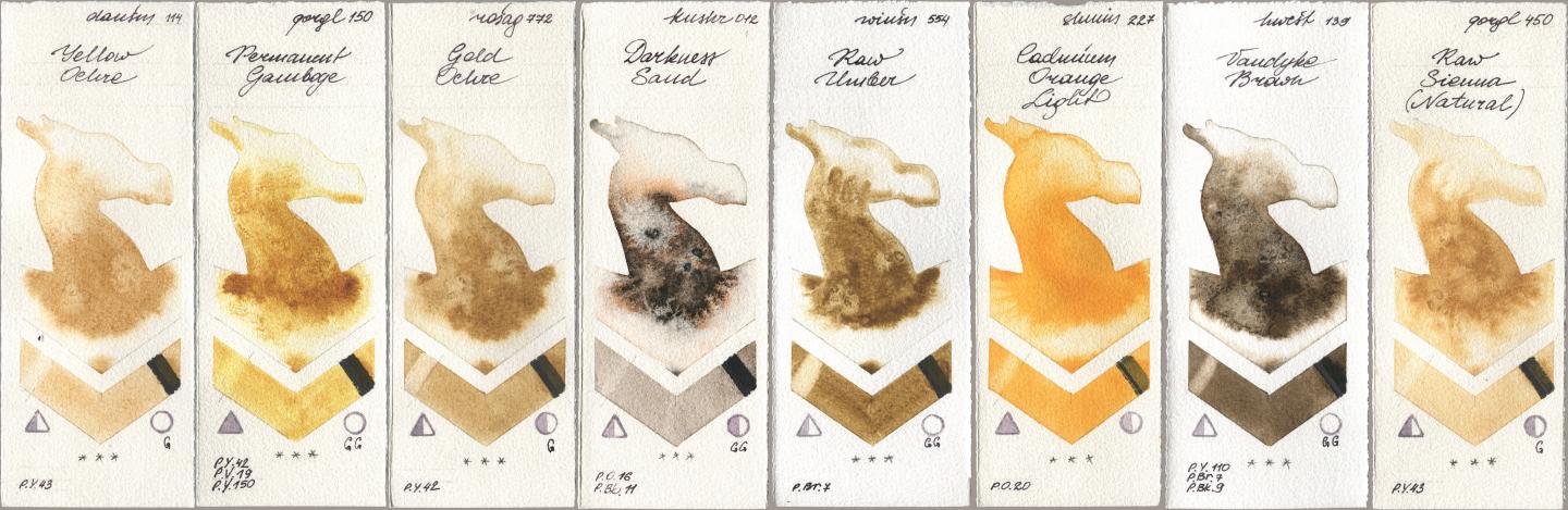 Daniel Smith 114 Yellow Ochre, Golden QOR 150 Permanent Gamboge, Rosa Gallery 772 Gold Ochre, Kusakabe 012 Darkness Sand, Winsor & Newton Professional 554 Raw Umber, Shminke Horadam Aquarell 227 Cadmium Orange Light, Holbein Artists Watercolor 139 Vandyke Brown, 450 Raw Sienna (Natura watercolor swatch