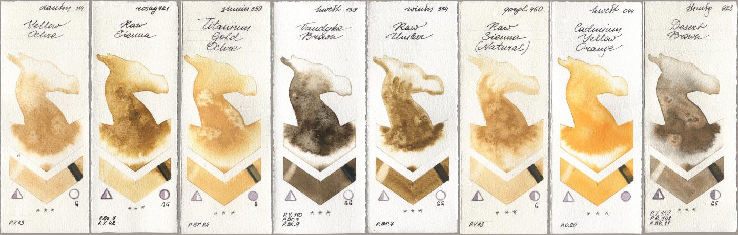 Daniel Smith 114 Yellow Ochre, Rosa Gallery 721 Raw Sienna, Shminke Horadam Aquarell 659 Titanium Gold Ochre, Holbein Artists Watercolor 139 Vandyke Brown, Winsor & Newton Professional 554 Raw Umber, Golden QOR 450 Raw Sienna (Natural), 044 Cadmium Yellow Orange, 923 Desert Bro watercolor swatch