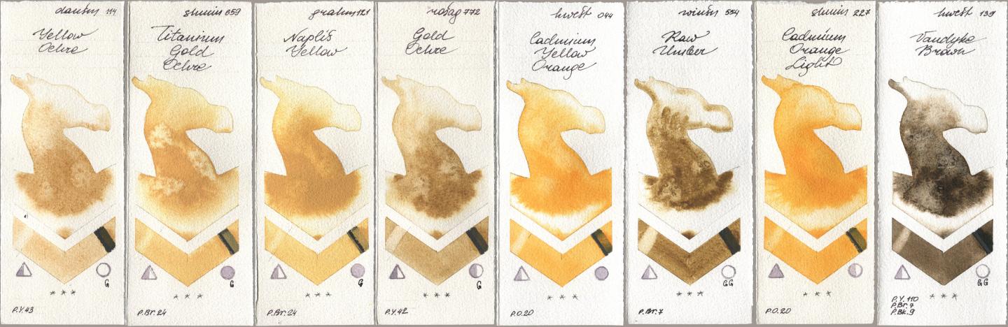 Daniel Smith 114 Yellow Ochre, Shminke Horadam Aquarell 659 Titanium Gold Ochre, M. Graham & Co. Artists 121 Naples Yellow, Rosa Gallery 772 Gold Ochre, Holbein Artists Watercolor 044 Cadmium Yellow Orange, Winsor & Newton Professional 554 Raw Umber, 227 Cadmium Orange Light, 139 Vandyke Bro watercolor swatch