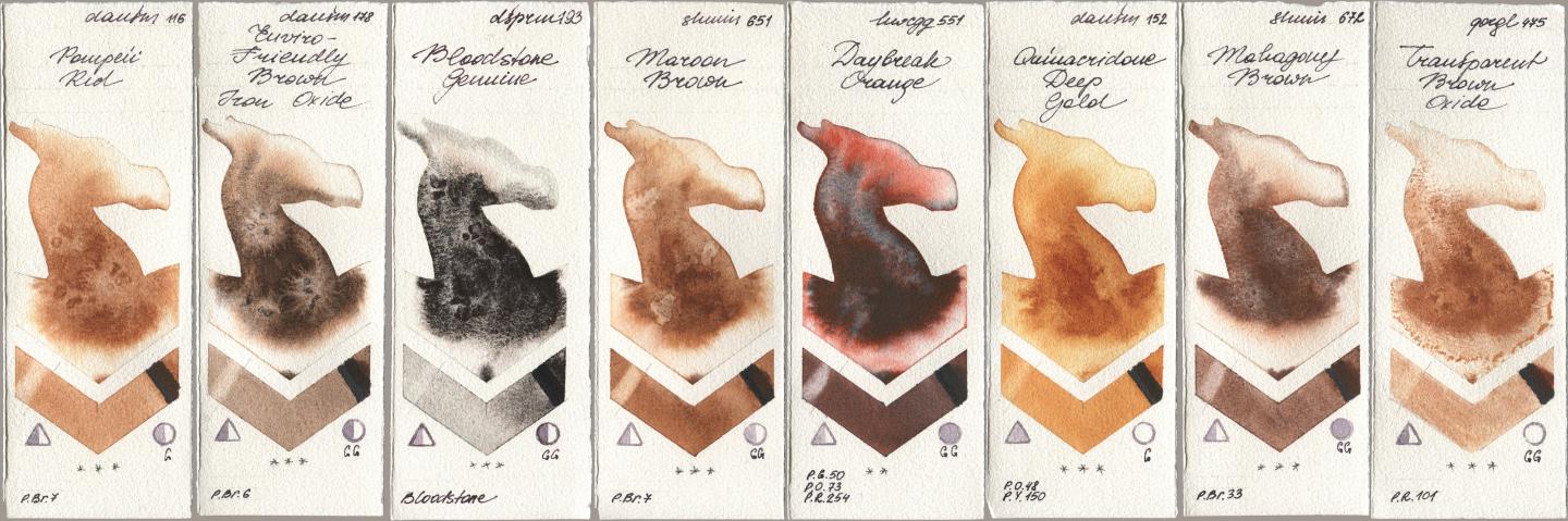 Daniel Smith 116 Pompeii Red, 178 Enviro-Friendly Brown Iron Oxide, 193 Bloodstone Genuine, Shminke Horadam Aquarell 651 Maroon Brown, Holbein Artists Watercolor 551 Daybreak Orange, 152 Quinacridone Deep Gold, 672 Mahagony Brown, Golden QOR 475 Transparent Brown Oxi watercolor swatch