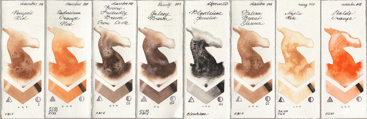 Daniel Smith 116 Pompeii Red, 220 Cadmium Orange Hue, 178 Enviro-Friendly Brown Iron Oxide, Shminke Horadam Aquarell 974 Galaxy Brown, 193 Bloodstone Genuine, 047 Italian Burnt Sienna, Rosa Gallery 748 Naples Rose, Winsor & Newton Professional 418 Fields Oran watercolor swatch