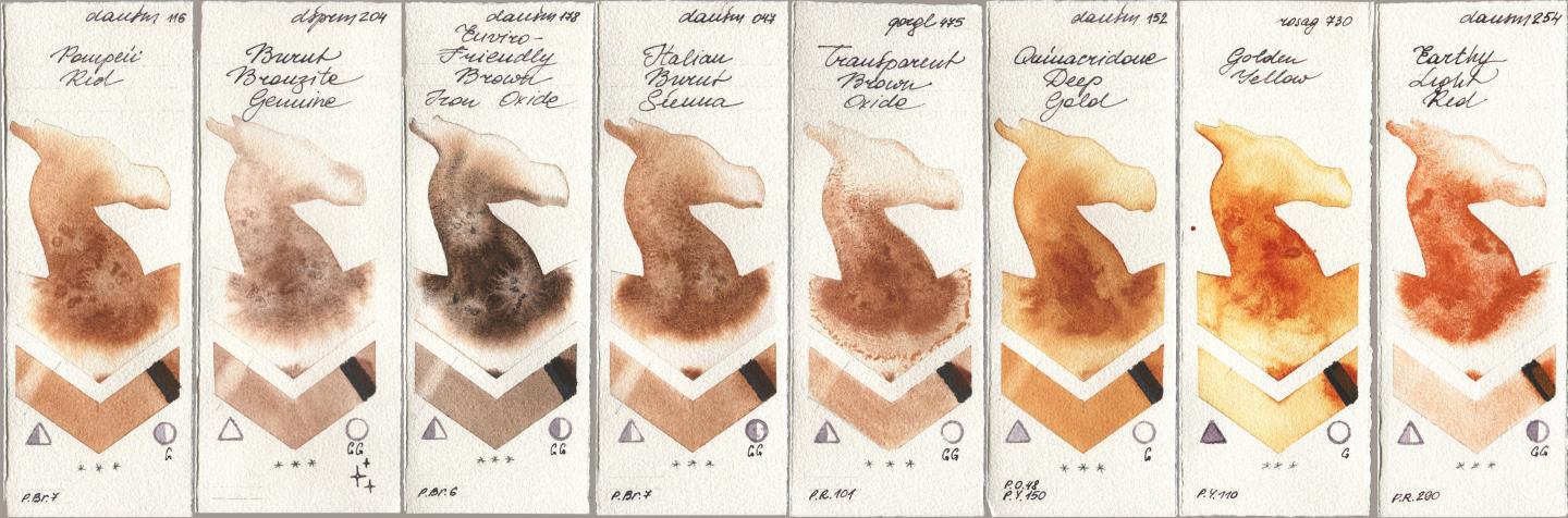 Daniel Smith 116 Pompeii Red, 204 Burnt Bronzite Genuine, 178 Enviro-Friendly Brown Iron Oxide, 047 Italian Burnt Sienna, Golden QOR 475 Transparent Brown Oxide, 152 Quinacridone Deep Gold, Rosa Gallery 730 Golden Yellow, 254 Earthy Light R watercolor swatch