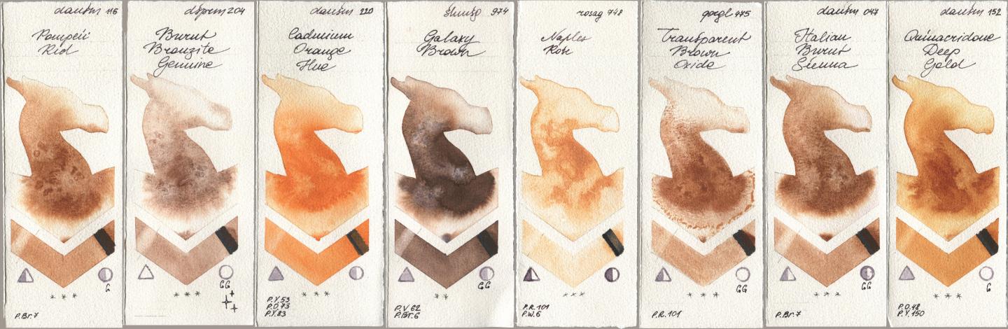 Daniel Smith 116 Pompeii Red, 204 Burnt Bronzite Genuine, 220 Cadmium Orange Hue, Shminke Horadam Aquarell 974 Galaxy Brown, Rosa Gallery 748 Naples Rose, Golden QOR 475 Transparent Brown Oxide, 047 Italian Burnt Sienna, 152 Quinacridone Deep Go watercolor swatch