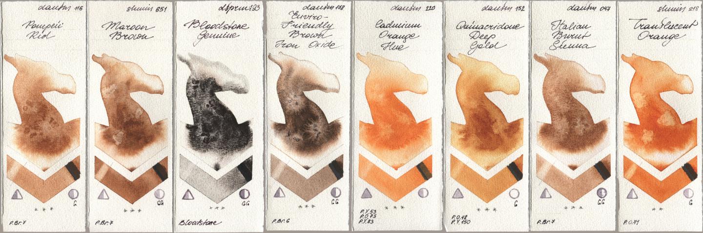 Daniel Smith 116 Pompeii Red, Shminke Horadam Aquarell 651 Maroon Brown, 193 Bloodstone Genuine, 178 Enviro-Friendly Brown Iron Oxide, 220 Cadmium Orange Hue, 152 Quinacridone Deep Gold, 047 Italian Burnt Sienna, 218 Translucent Orange / Transparent Oran watercolor swatch