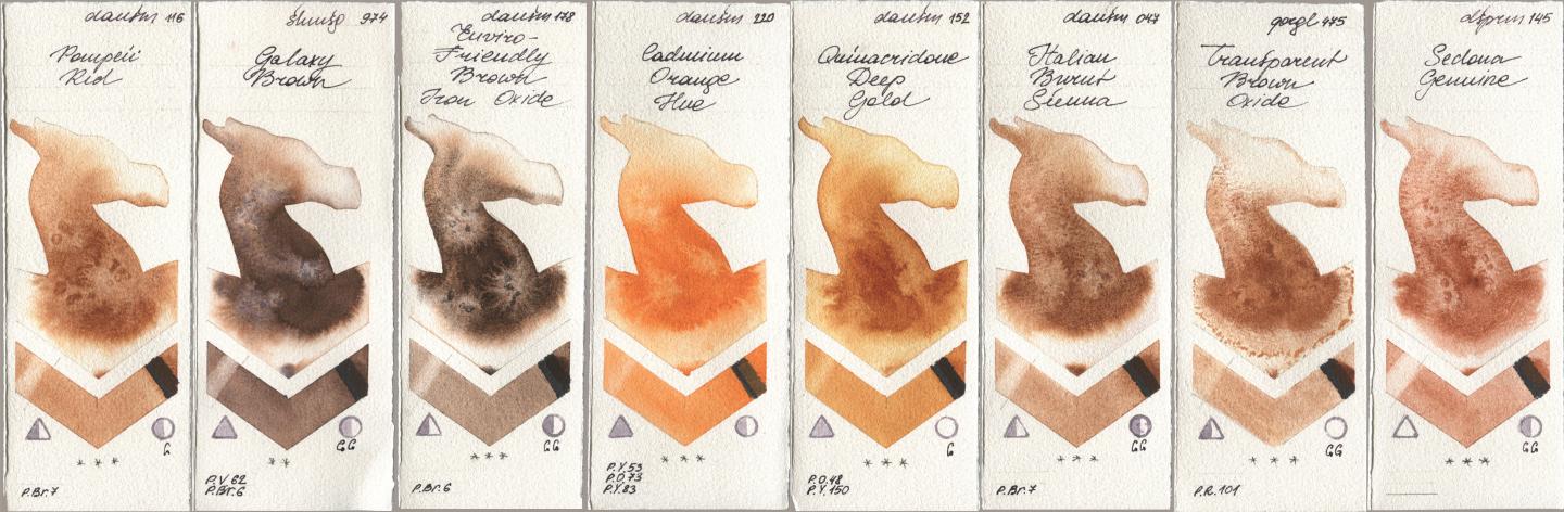 Daniel Smith 116 Pompeii Red, Shminke Horadam Aquarell 974 Galaxy Brown, 178 Enviro-Friendly Brown Iron Oxide, 220 Cadmium Orange Hue, 152 Quinacridone Deep Gold, 047 Italian Burnt Sienna, Golden QOR 475 Transparent Brown Oxide, 145 Sedona Genui watercolor swatch
