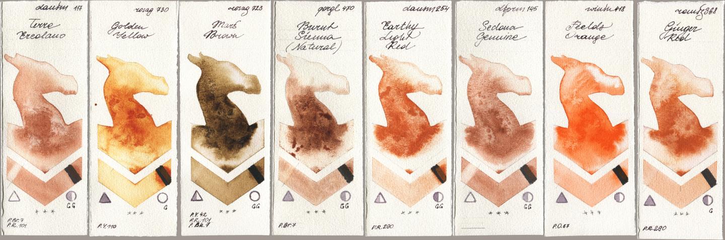 Daniel Smith 117 Terre Ercolano, Rosa Gallery 730 Golden Yellow, 723 Mars Brown, Golden QOR 470 Burnt Sienna (Natural), 254 Earthy Light Red, 145 Sedona Genuine, Winsor & Newton Professional 418 Fields Orange, Roman Szmal Aquarius 368 Genger R watercolor swatch