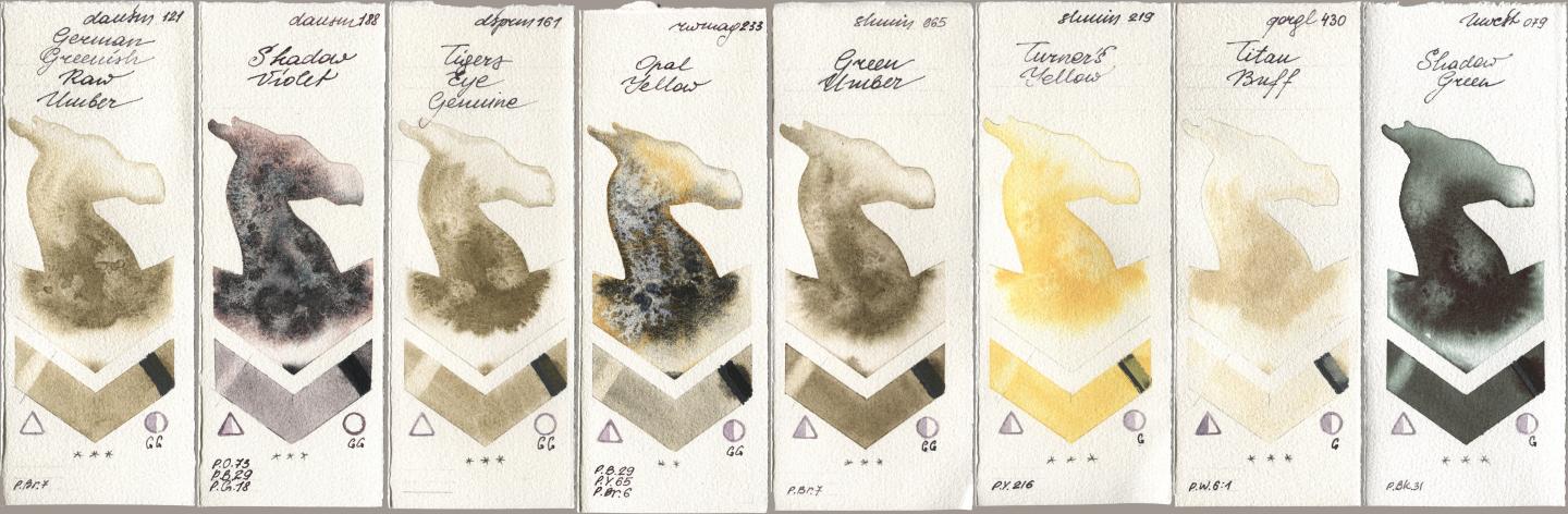 Daniel Smith 121 German Greenish Raw Umber, 188 Shadow Violet, 161 Tigers Eye Genuine, Rockwell 233 Opal Yellow, Shminke Horadam Aquarell 665 Green Umber, 219 Turner‘s Yellow, Golden QOR 430 Titan Buff, Holbein Artists Watercolor 079 Shadow Gre watercolor swatch