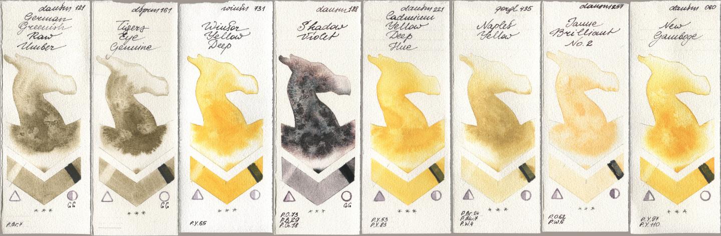 Daniel Smith 121 German Greenish Raw Umber, 161 Tigers Eye Genuine, Winsor & Newton Professional 731 Winsor Yellow Deep, 188 Shadow Violet, 221 Cadmium Yellow Deep Hue, Golden QOR 435 Naples Yellow, 257 Jaune Brilliant No 2, 060 New Gambo watercolor swatch