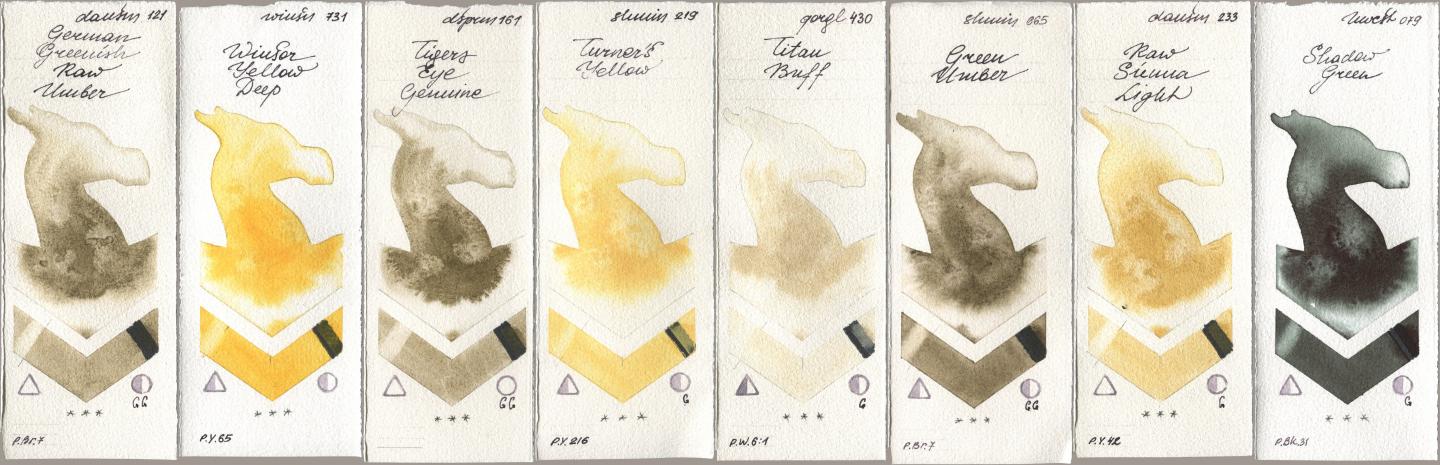 Daniel Smith 121 German Greenish Raw Umber, Winsor & Newton Professional 731 Winsor Yellow Deep, 161 Tigers Eye Genuine, Shminke Horadam Aquarell 219 Turner‘s Yellow, Golden QOR 430 Titan Buff, 665 Green Umber, 233 Raw Sienna Light, Holbein Artists Watercolor 079 Shadow Gre watercolor swatch