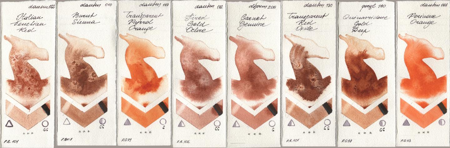 Daniel Smith 122 Italian Venetian Red, 010 Burnt Sienna, 187 Transparent Pyrrol Orange, 172 Fired Gold Ochre, 205 Garnet Genuine, 130 Transparent Red Oxide, Golden QOR 160 Quinacridone Gold Deep, 066 Perinone Oran watercolor swatch