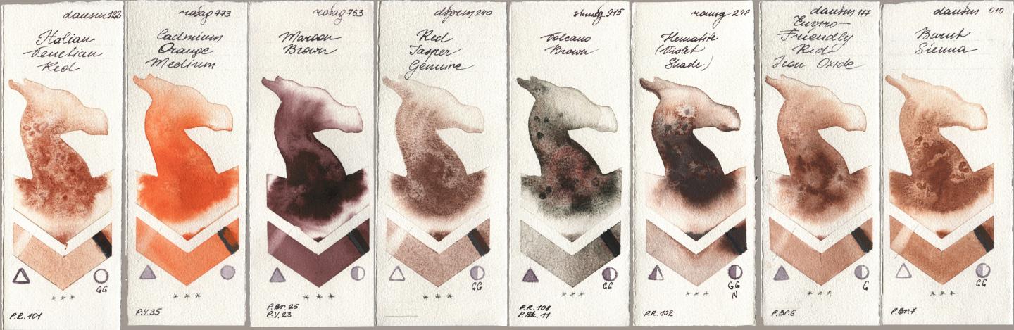 Daniel Smith 122 Italian Venetian Red, Rosa Gallery 773 Cadmium Orange Medium, 763 Maroon Brown, 240 Red Jasper Genuine, Shminke Horadam Aquarell 915 Volcano Brown, Roman Szmal Aquarius 248 Hematite (Violet Shade), 177 Enviro-Friendly Red Iron Oxide, 010 Burnt Sien watercolor swatch